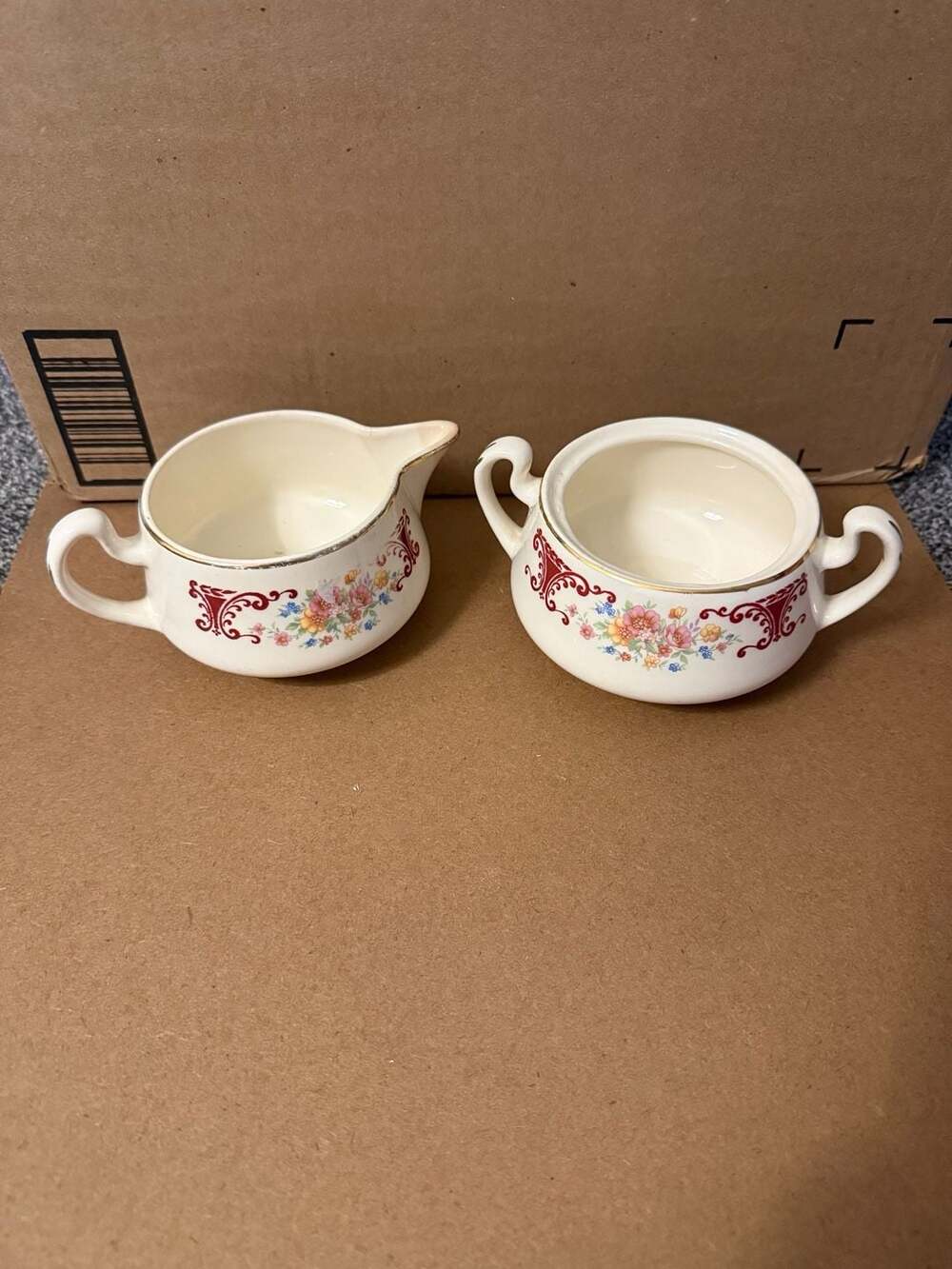 Vintage Homer Laughlin Creamer and Sugar Bowl Set Floral Lattice Pattern E 46 N